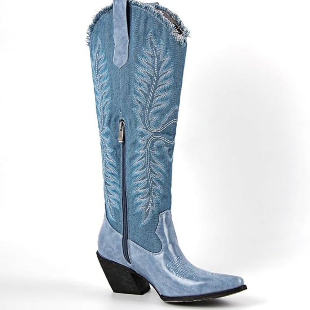 NEW! Denim Knee High Cowgirl Boots for Women Embroidered Side Zipper